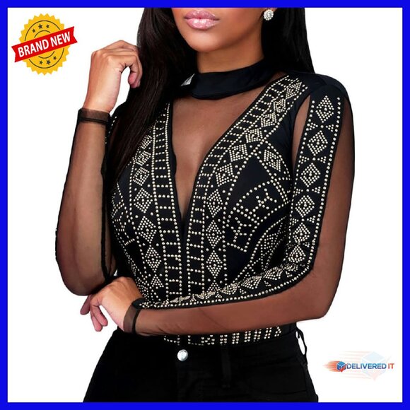 Sheer Mesh Turtleneck Bodysuit with Rhinestones Snap Closure